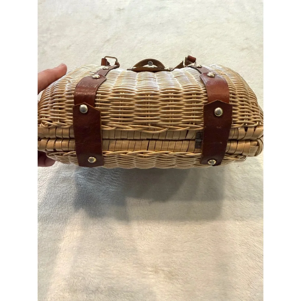 Vintage 1950s British Wicker Basket Handbag Brown Leather Trim Mid-Century Woven